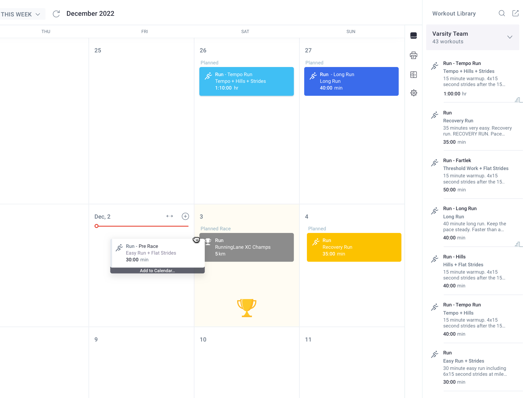 Using workout library to plan out run training on calendar