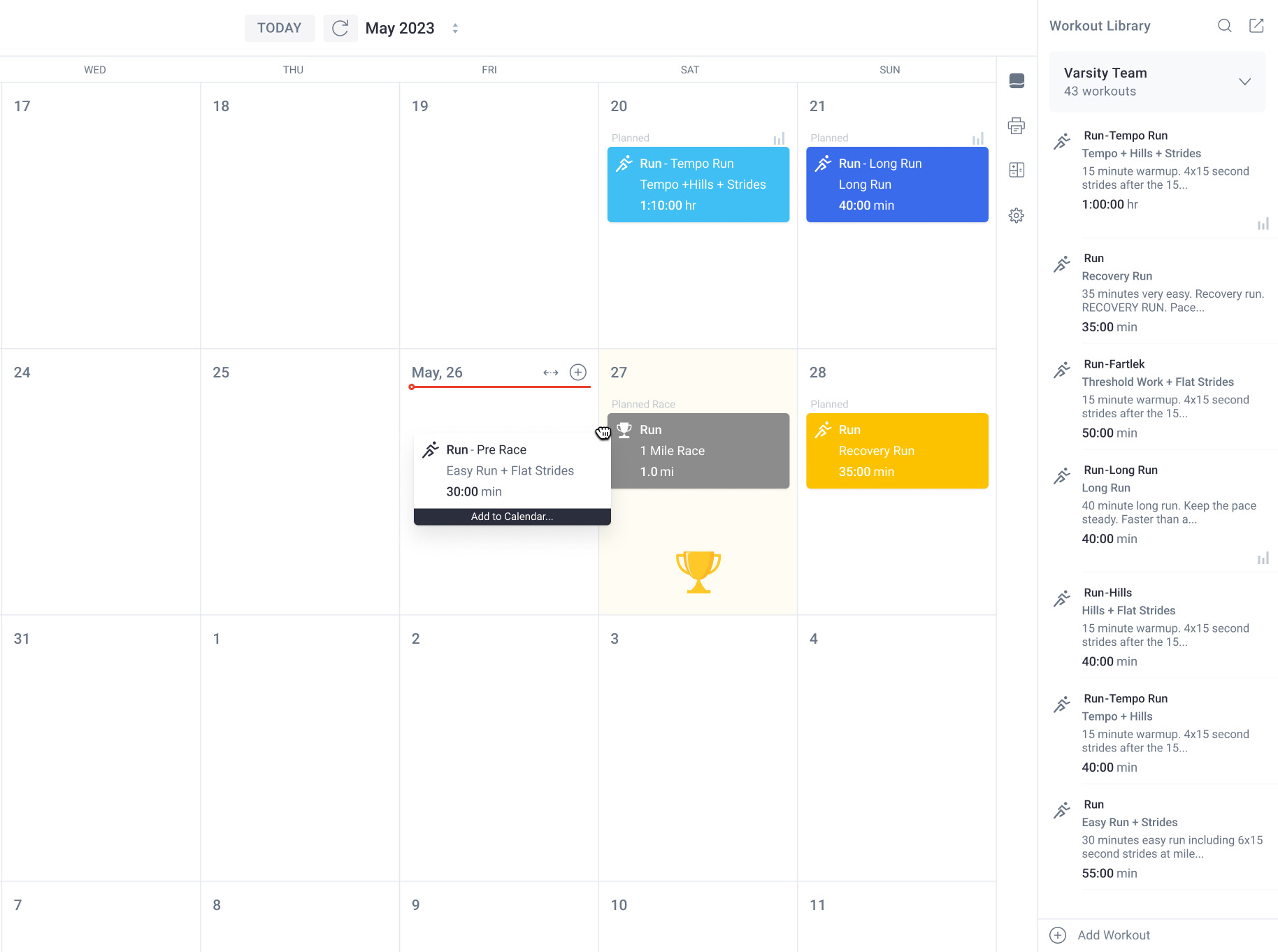 Using workout library to plan out run training on calendar
