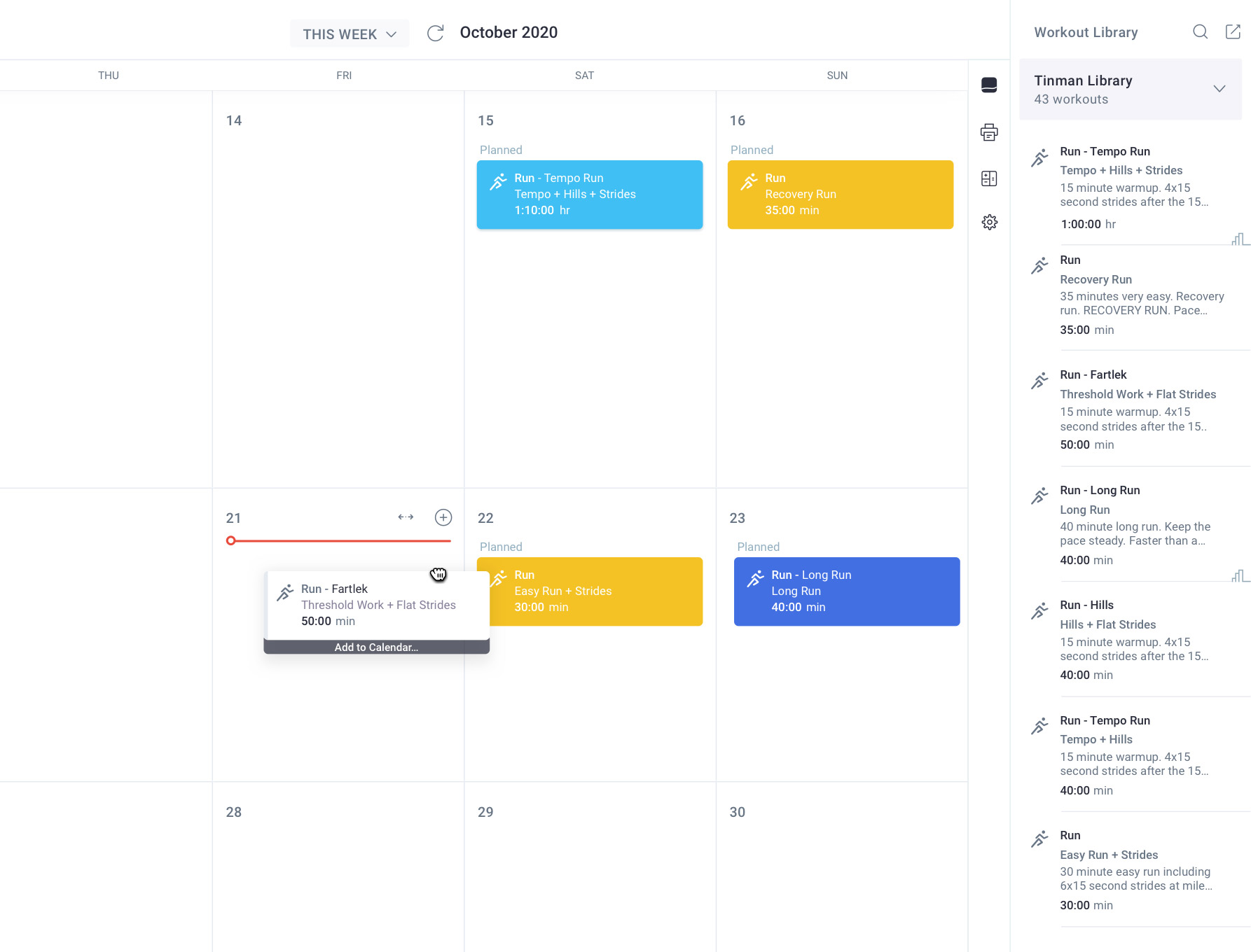Using workout library to plan out run training on calendar