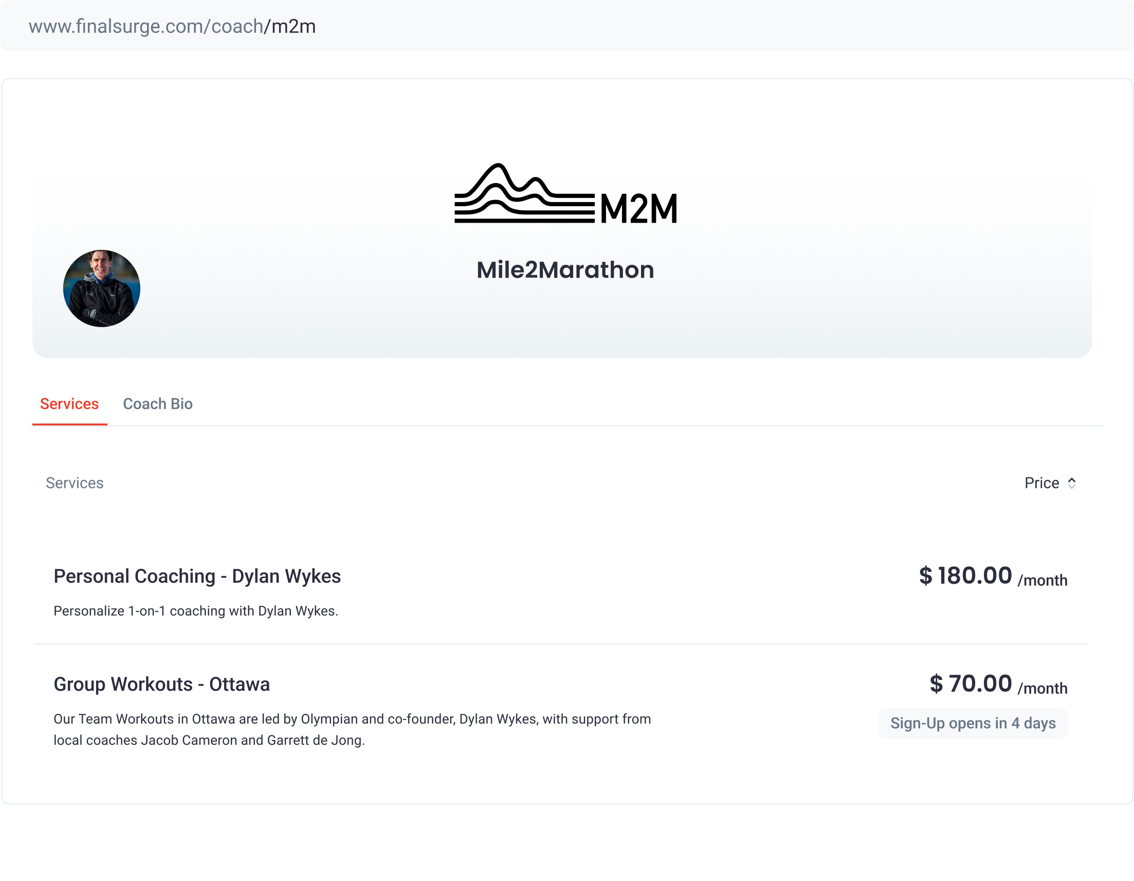 Screenshot of a coach's landing page showcasing the available services and subscriptions they offer.
